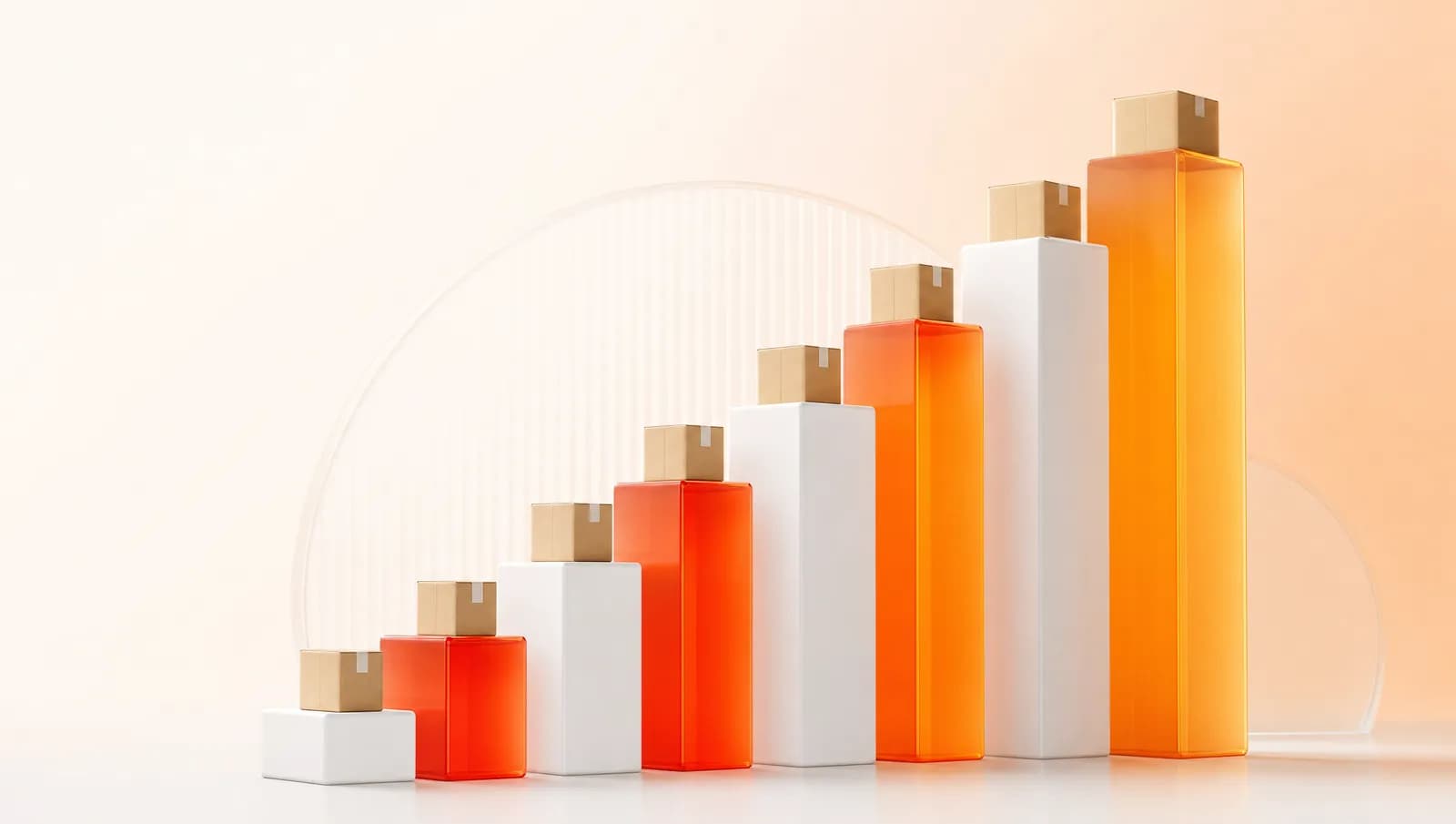 Rising staircase of orange bars with parcels climbing it
