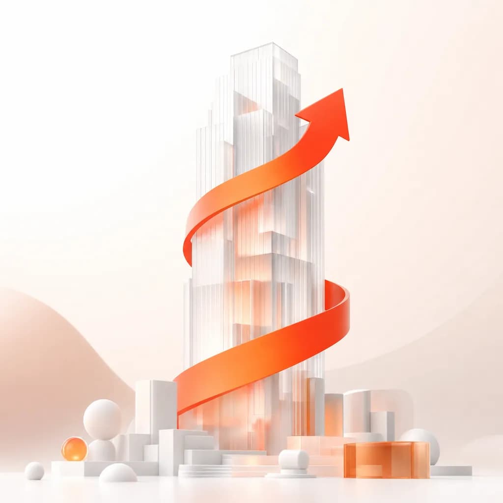 Glass brand tower wrapped by an orange growth arrow