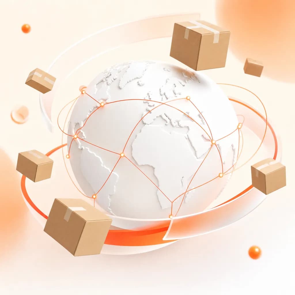 Parcels floating over a globe connected by glowing shipping routes