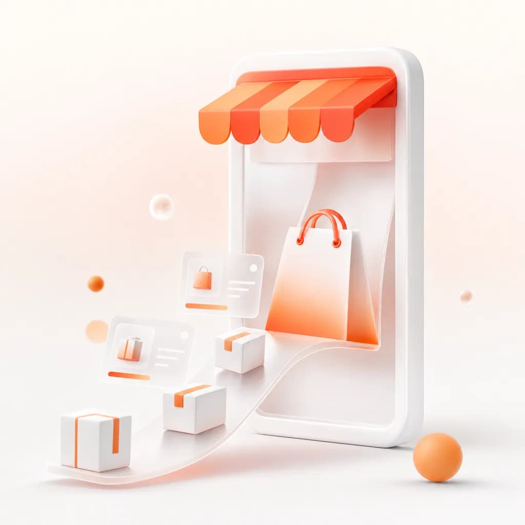 Online storefront with a shopping bag and orders flowing out