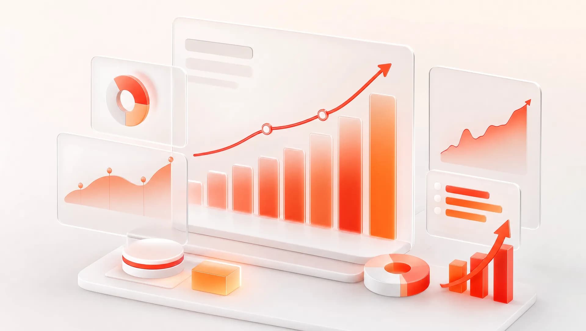 Futuristic 3D ad performance dashboard with rising red-orange graphs