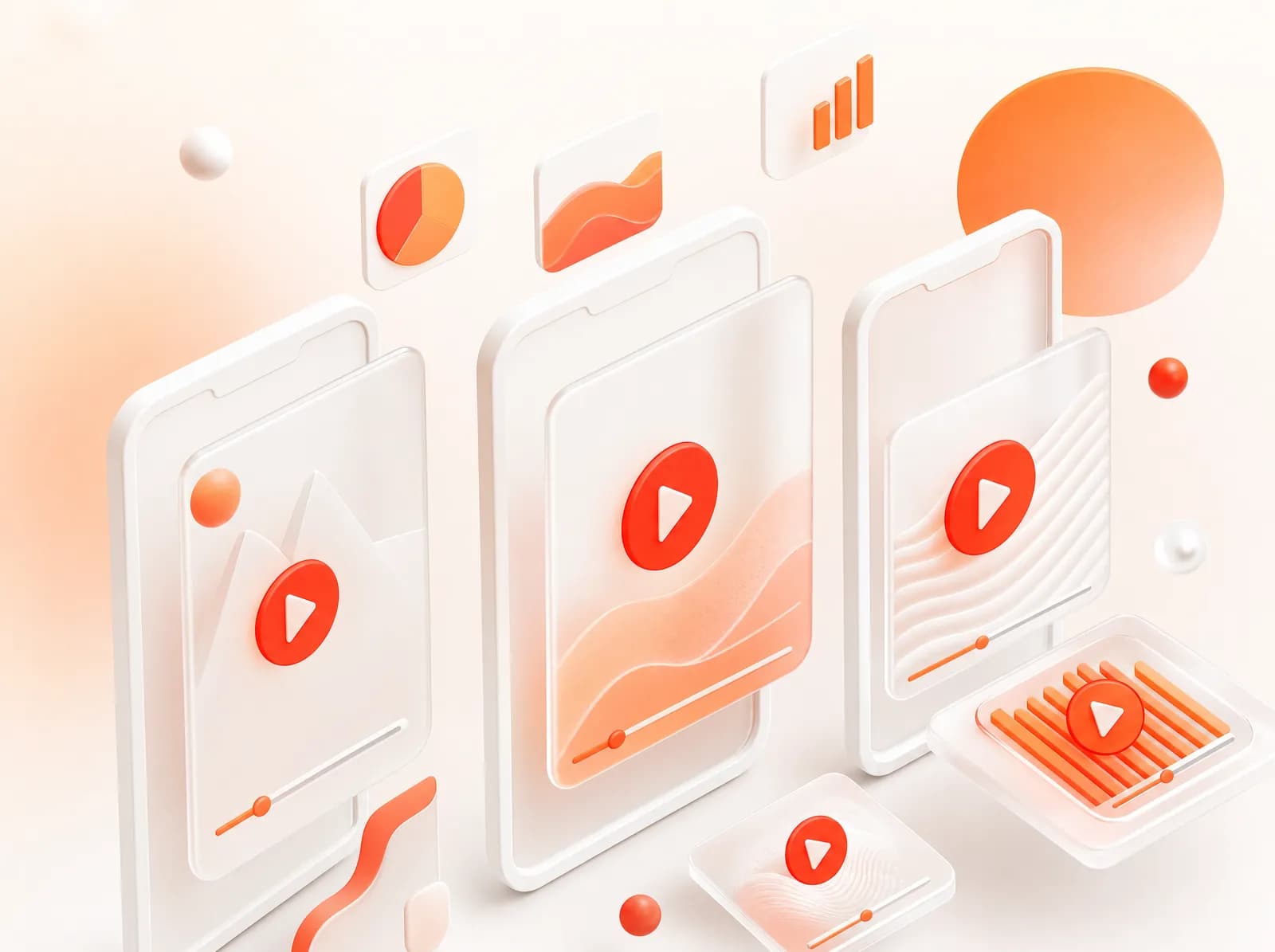 Floating smartphone frames and video tiles representing ad creatives