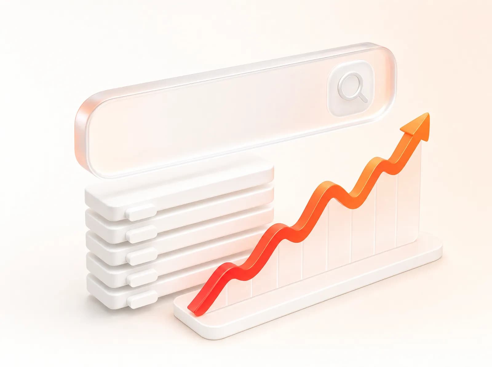 Glass search bar above keyword blocks and a rising performance chart