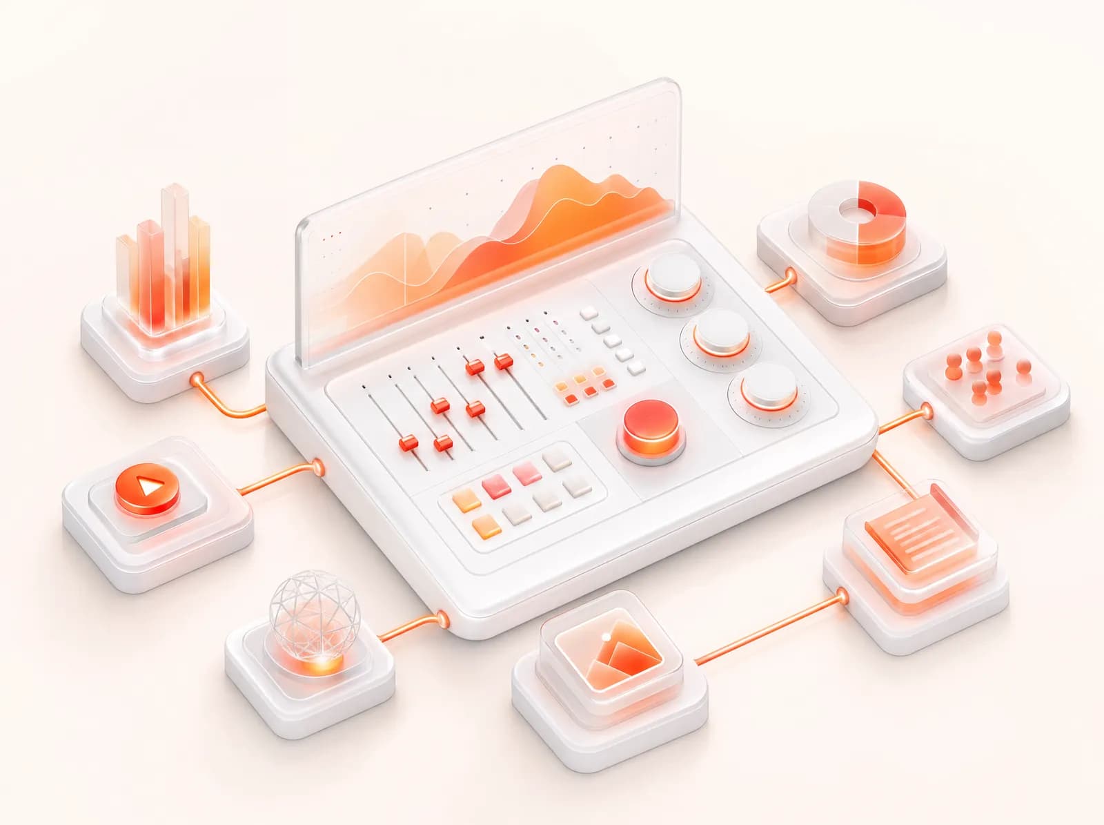 Campaign control console with budget dials and connected campaign nodes